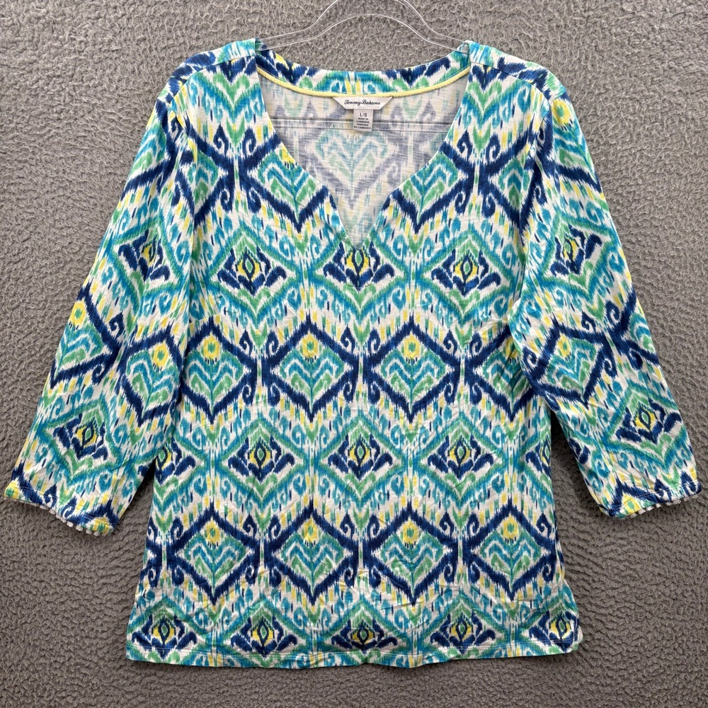 Tommy Bahama Top Womens Large Blue Ikat Cotton Modal V-Neck 3/4 Sleeve Casual